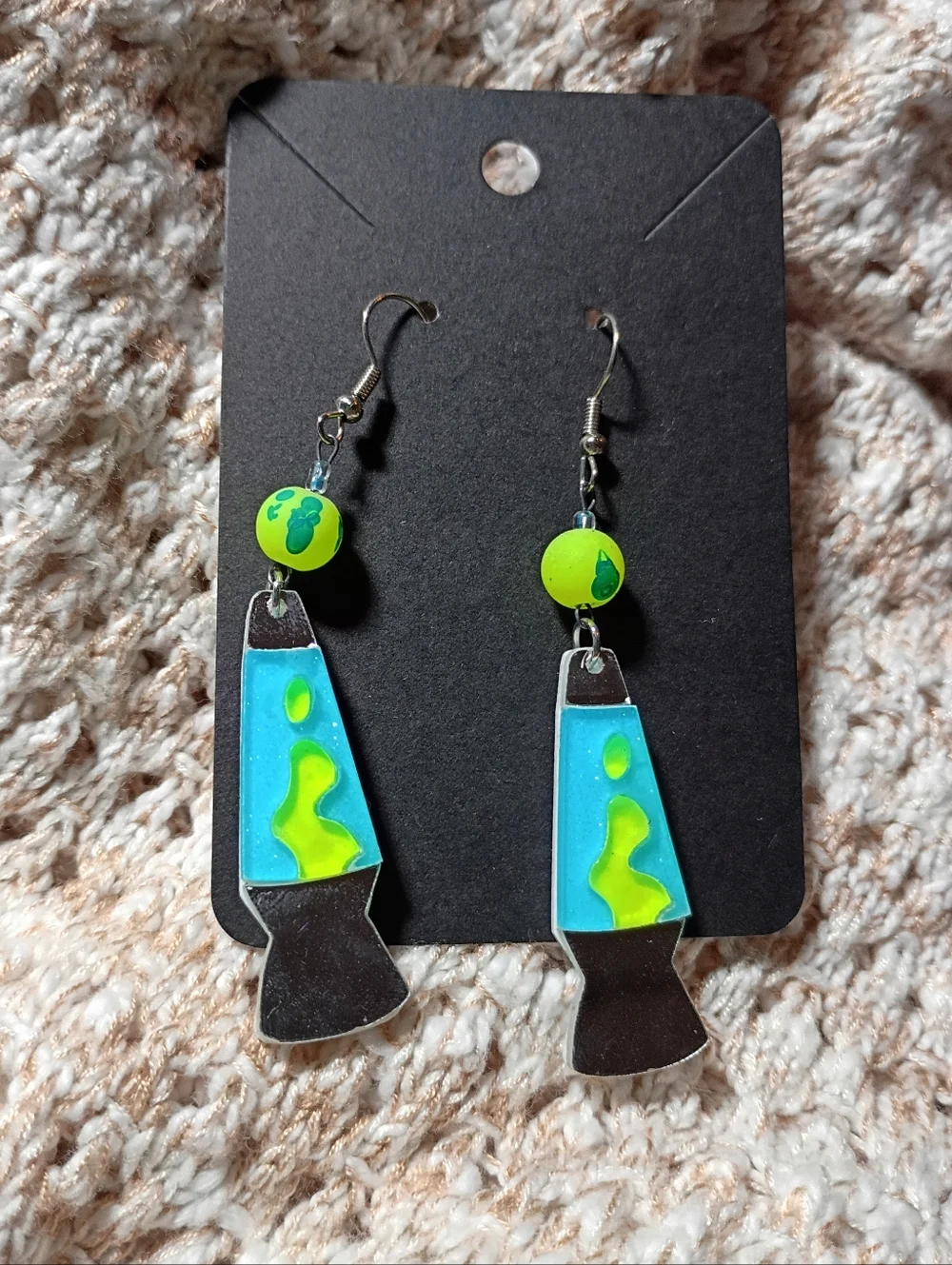 Neon Yellow Blue Glitter Lava Lamp Glow Blacklight Earrings Mirror Acrylic Retro